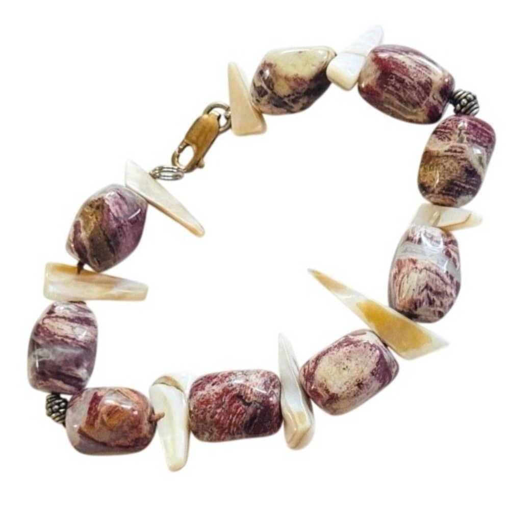 VTG Mookaite Jasper beads Bracelet MOP natural Beads Genuine BOHO silver OOAK 8"